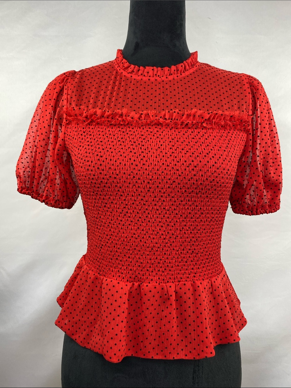 Express Red Black Polka Dot Smocked Peplum Sheer Puff Sleeve Top Size Small